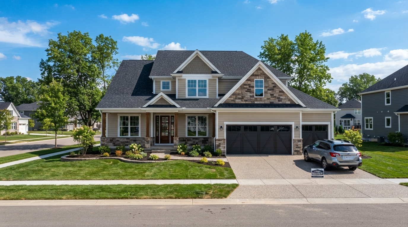 Newly built residential exterior with fresh roofing shingles and siding