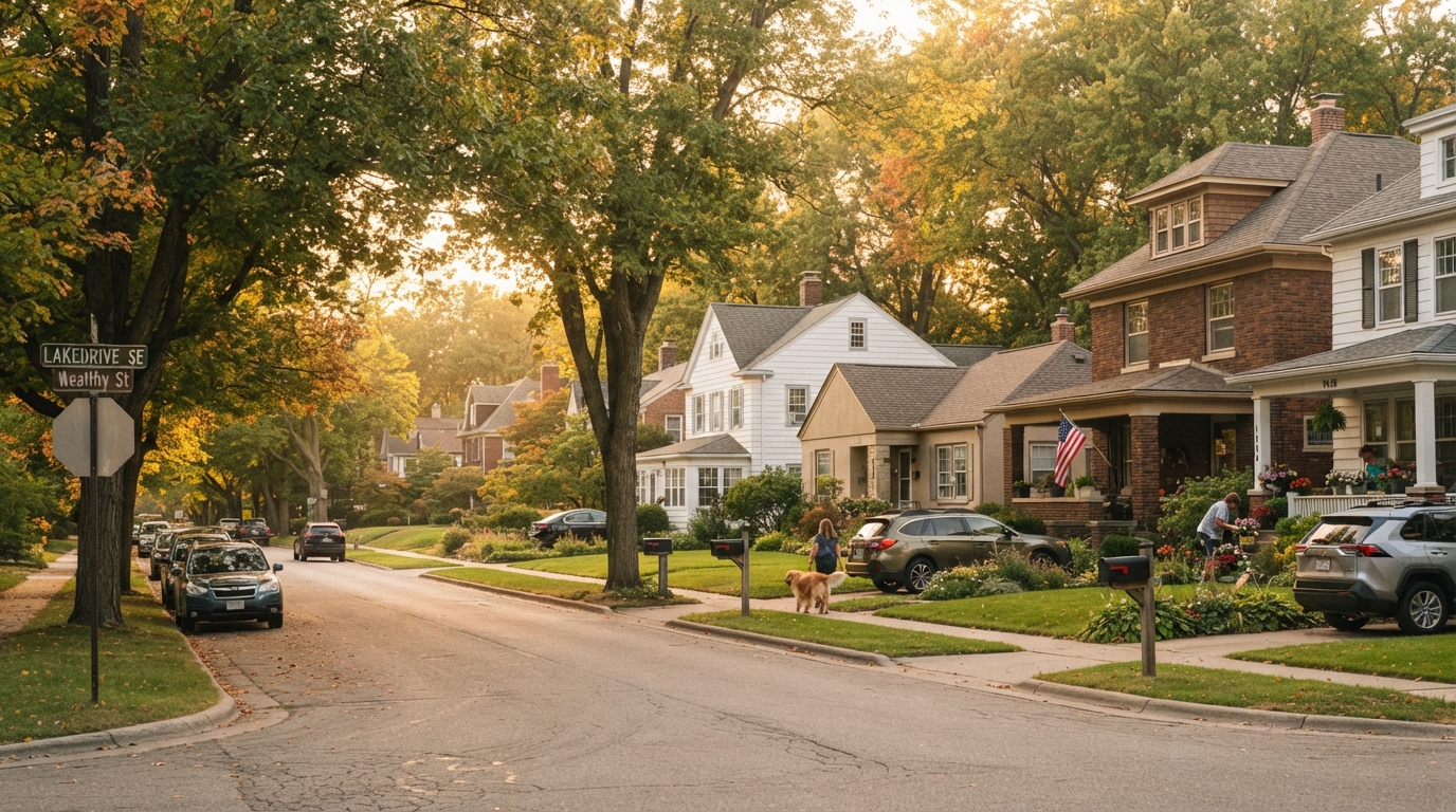 Grand Rapids Michigan residential neighborhood street with well-kept suburban homes
