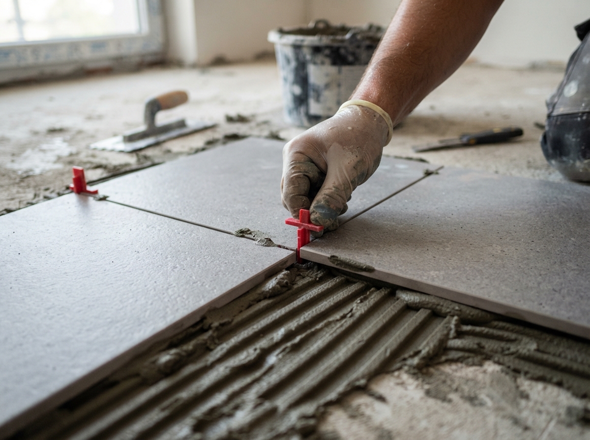 Close-up of tile spacers and ceramic tiles being laid in thinset mortar