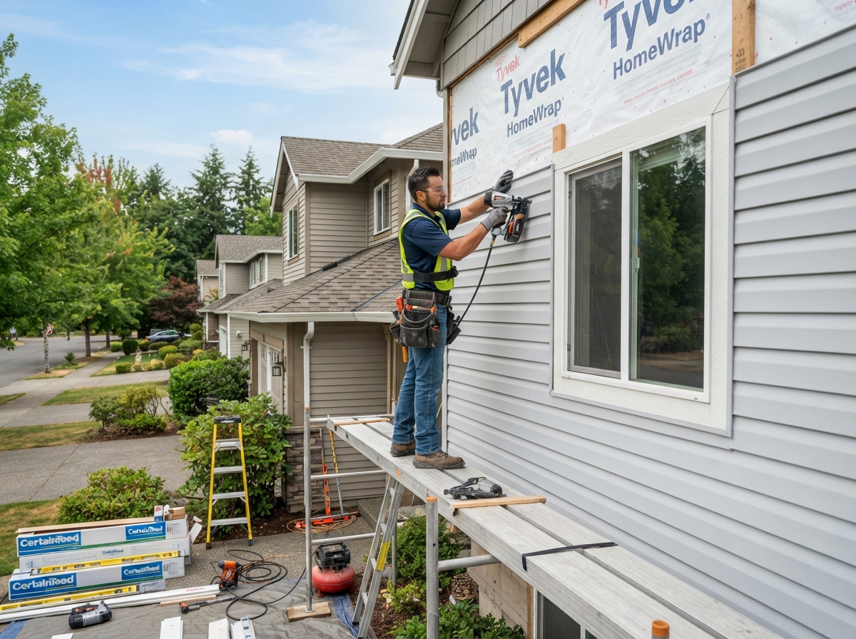 Worker installing siding panels on a residential home exterior