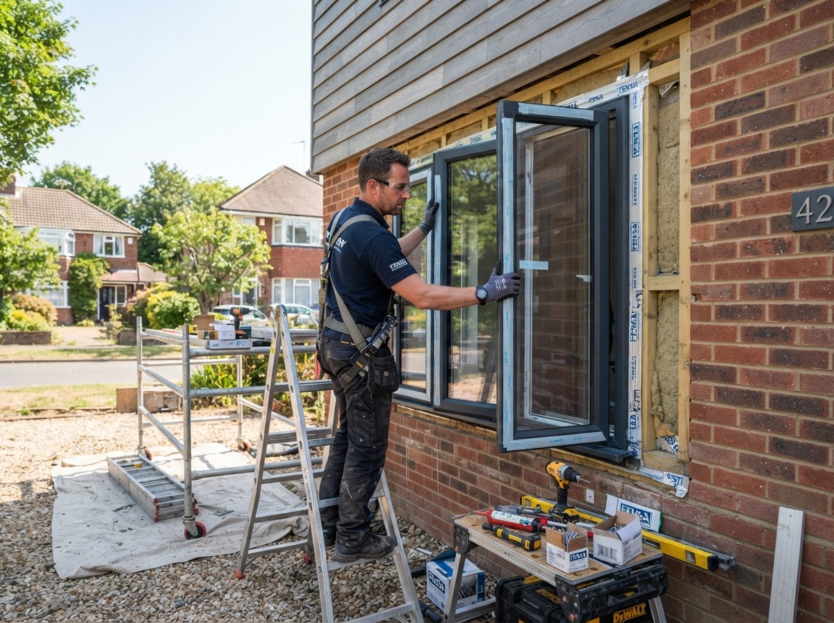 Worker fitting a new window frame into a residential home exterior wall