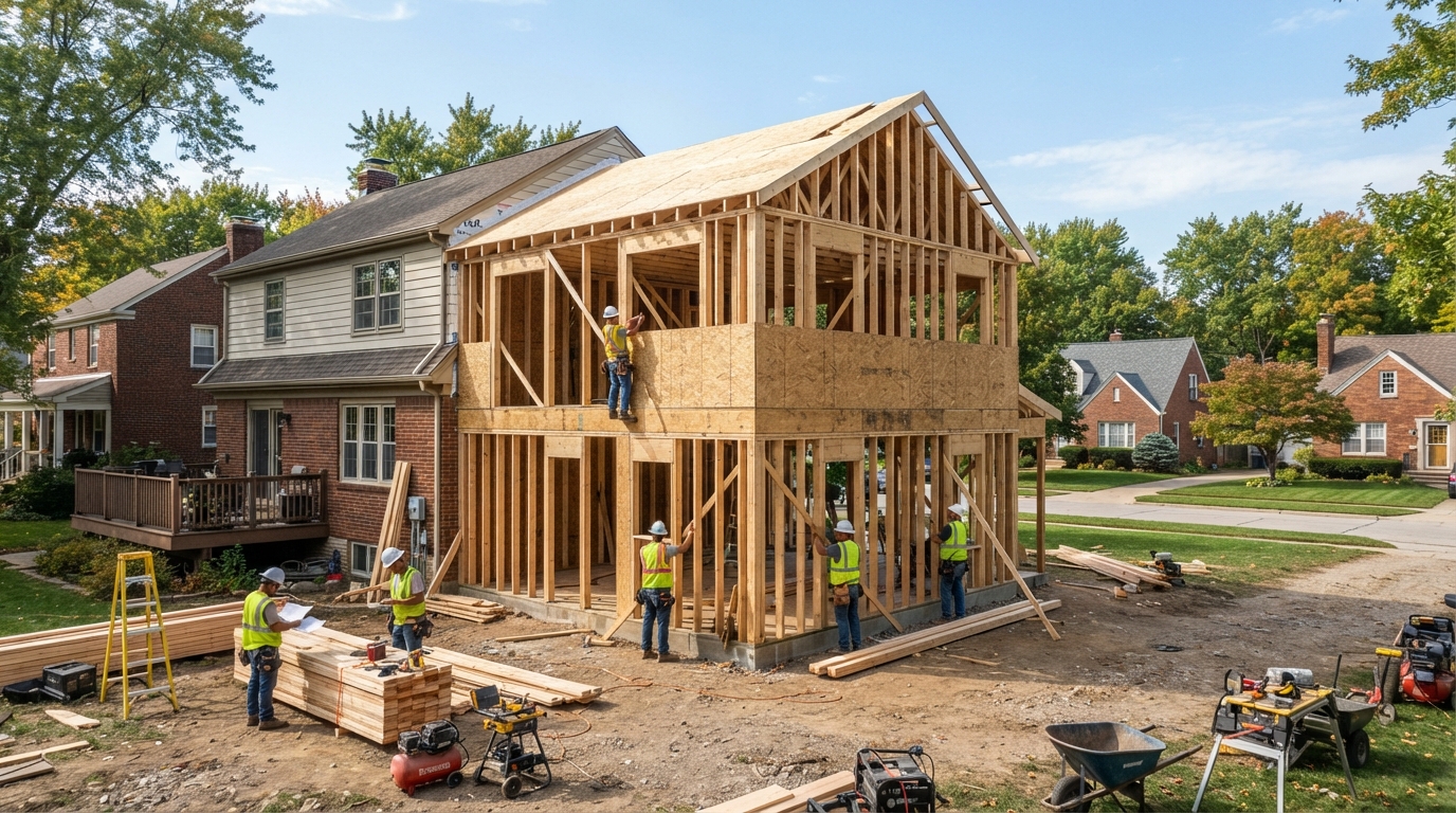 Residential home addition under construction with framing visible in Westside Connection