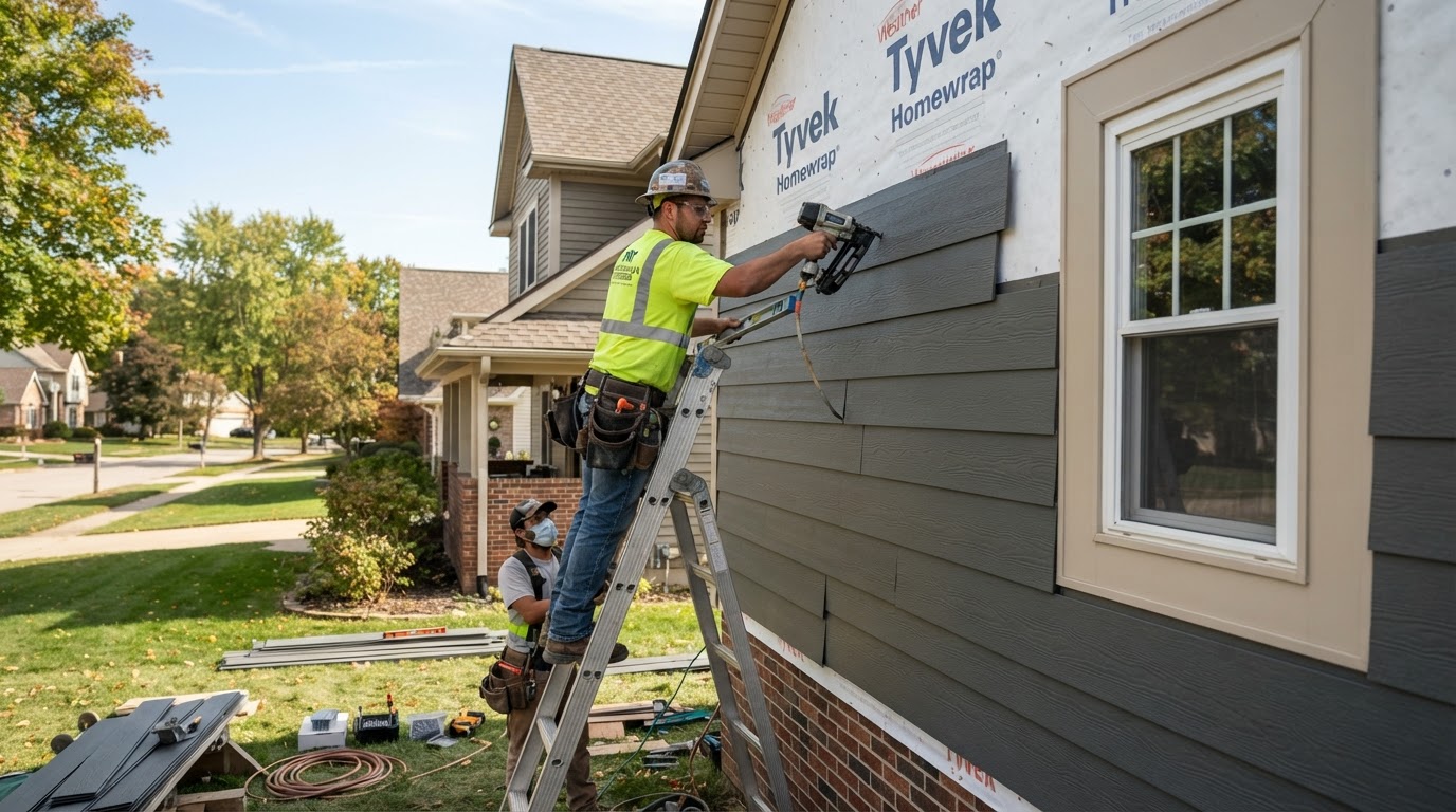 Professional siding installation on a residential home exterior in West Michigan