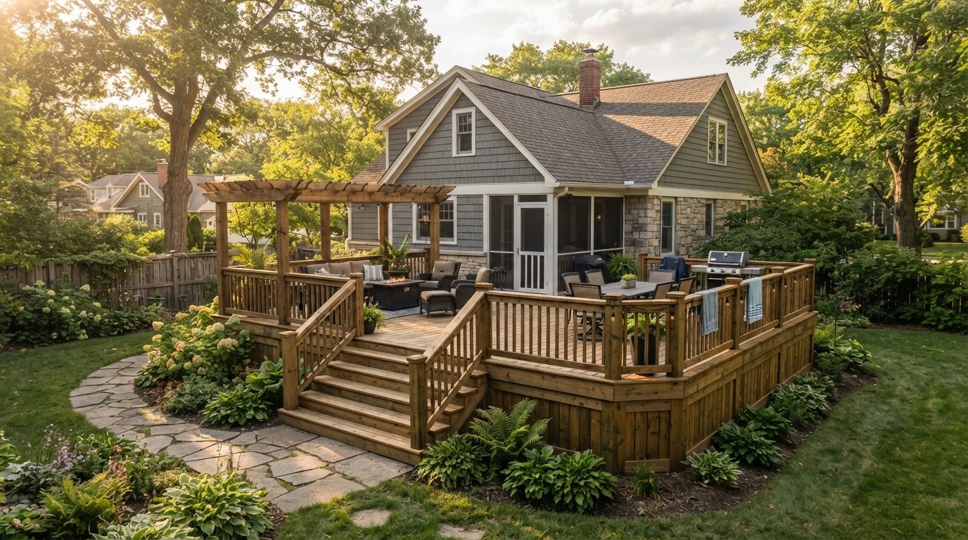 Beautifully crafted residential wooden deck attached to a suburban home in Grand Rapids