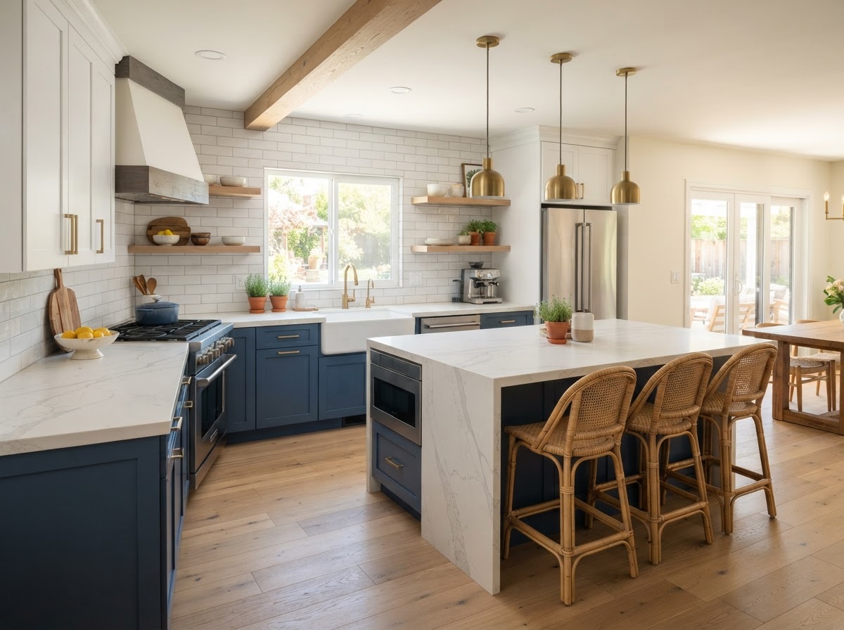Beautifully renovated residential kitchen with new cabinets and countertops after remodeling