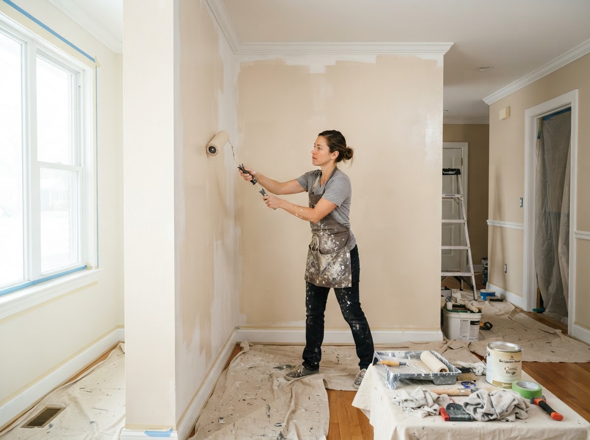 Worker applying fresh paint to walls with a paint roller during interior renovation