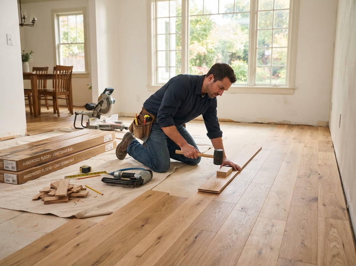 Worker laying hardwood flooring planks in a residential living room