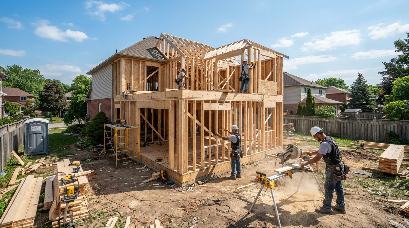 Residential framing and home addition construction project with wooden frame in Jenison