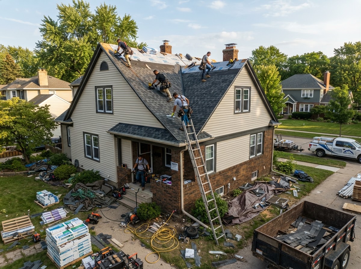 Contractors installing new roofing shingles on a residential home in Cascade, Michigan
