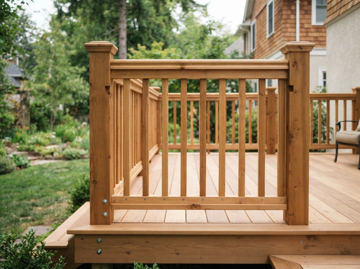 Deck railing detail with wooden balusters and professional carpentry finish work