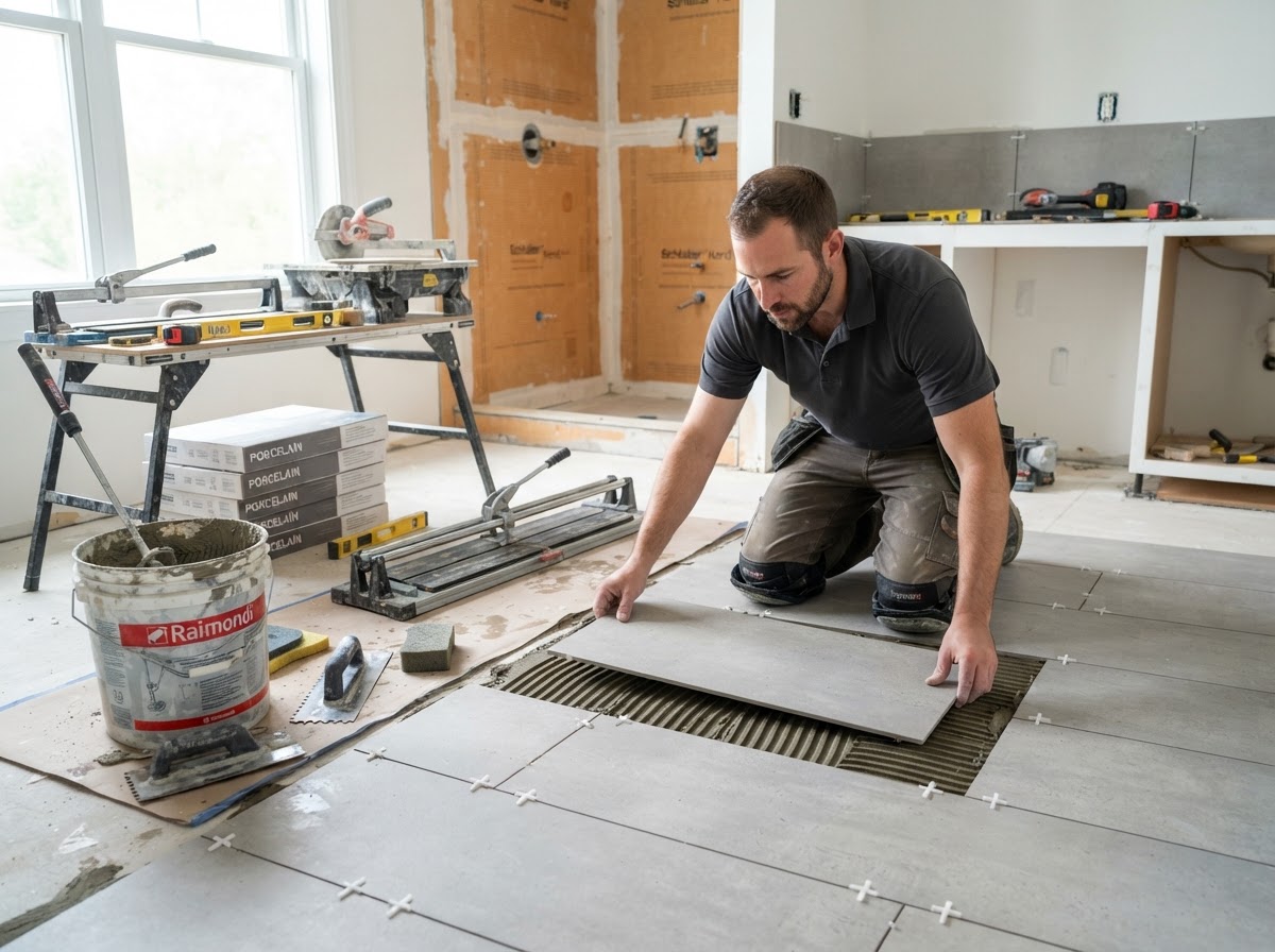 Worker laying ceramic floor tiles with spacers during residential tile installation