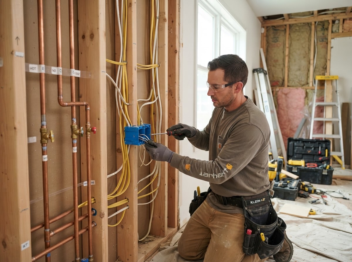 Exposed residential wall showing new wiring and pipes during a home remodel
