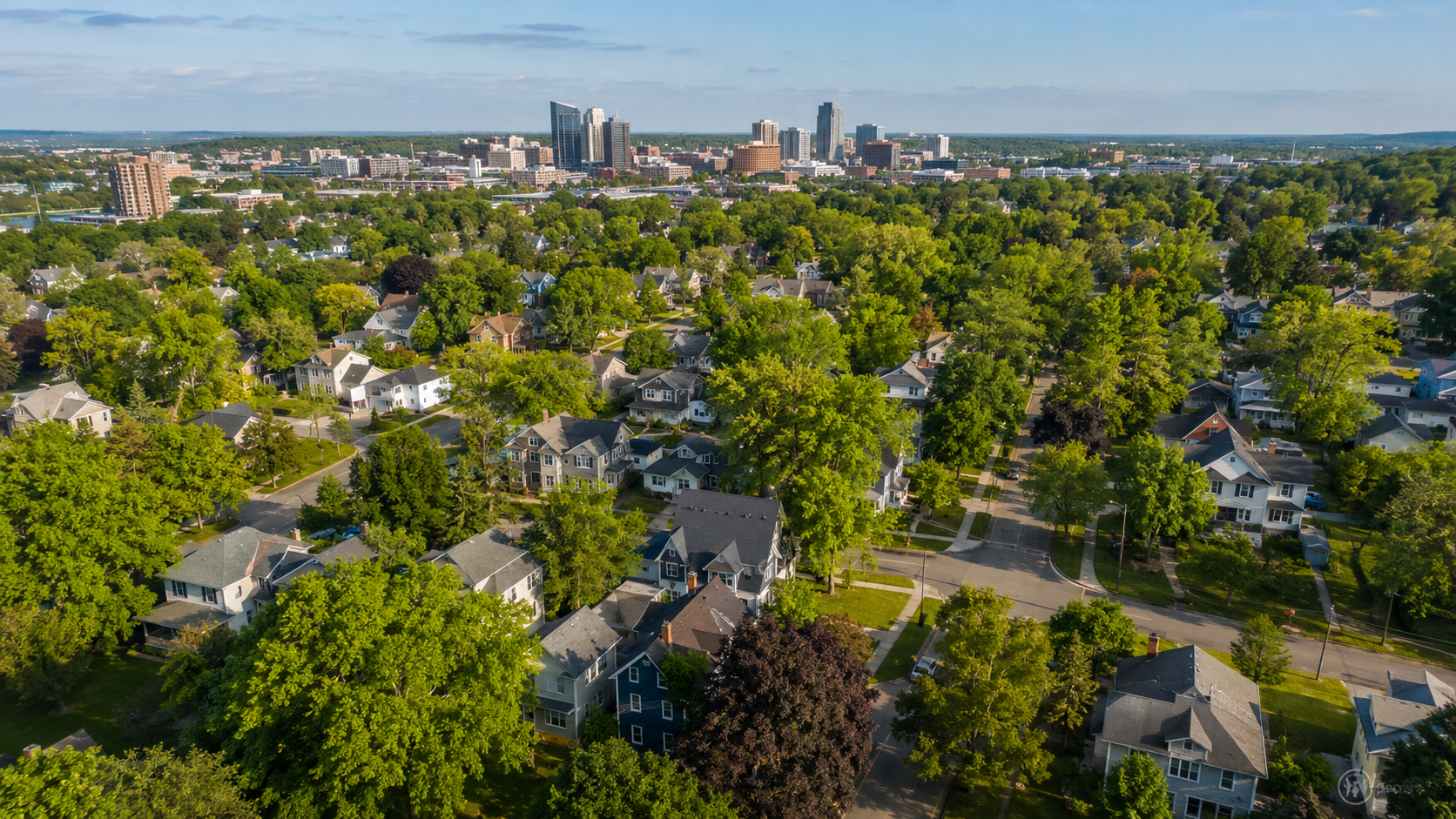 Aerial view of Grand Rapids Michigan residential neighborhoods with tree-lined streets