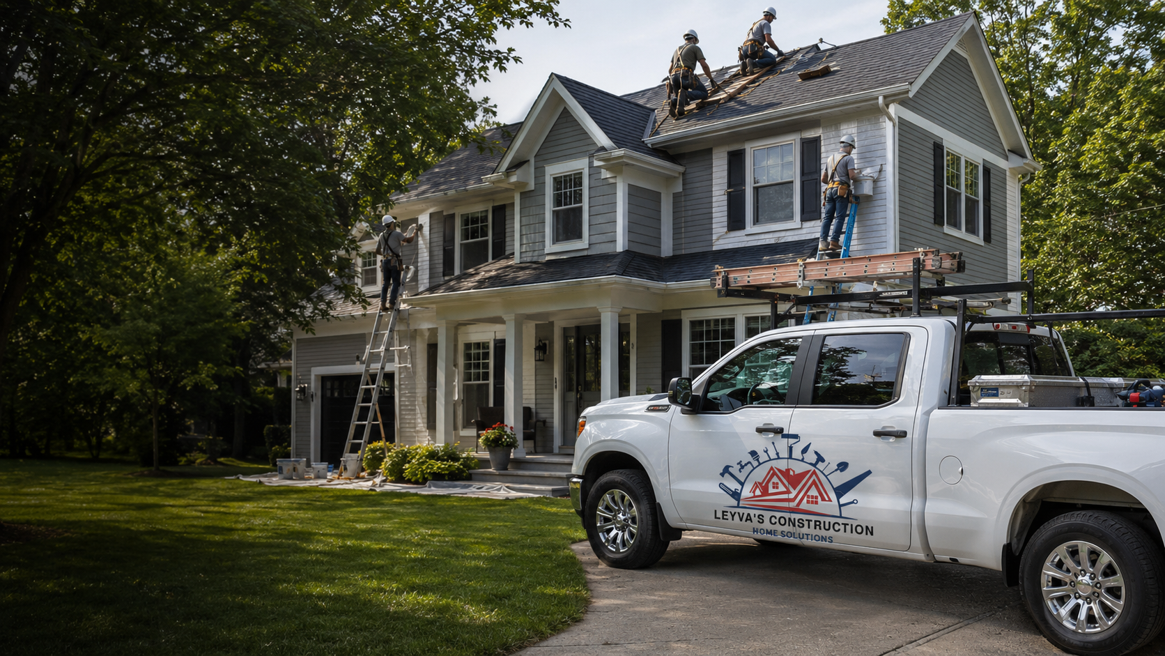 Leyva's Construction Home Solutions contractors installing roofing and siding on a residential home in Grand Rapids
