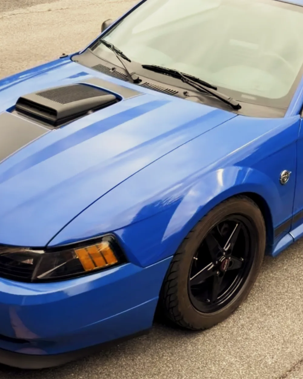 Blue Ford Mustang with swirl marks before paint correction in West Bridgewater MA