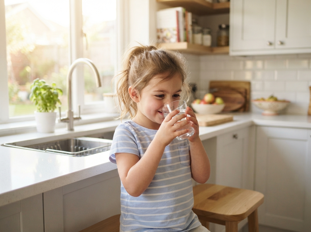 Child drinking clean filtered water from kitchen tap with reverse osmosis system