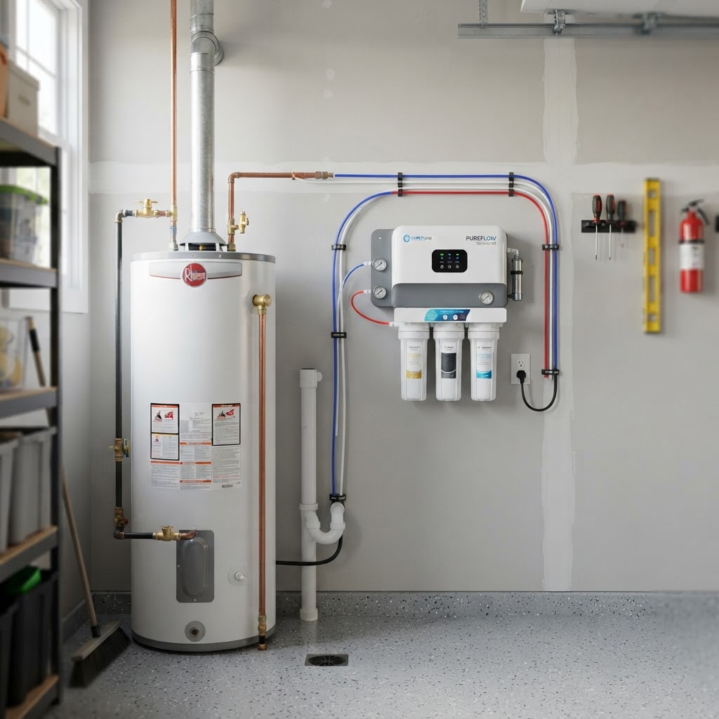 Brookwell tankless reverse osmosis system mounted on a garage wall