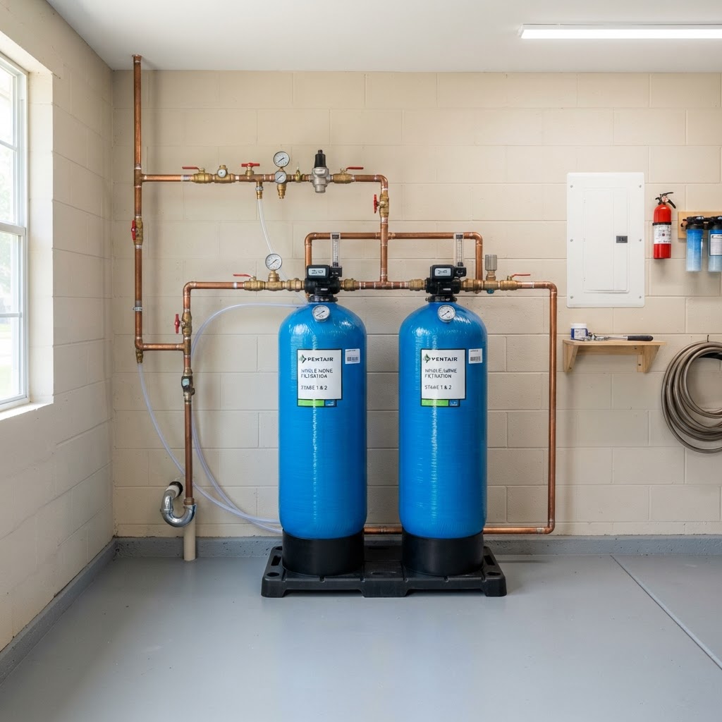 Brookwell dual-tank whole-home filtration system installed in a garage