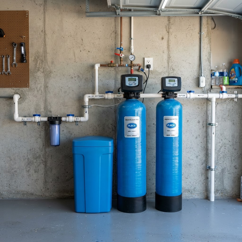 Brookwell complete home water treatment system installed in a garage