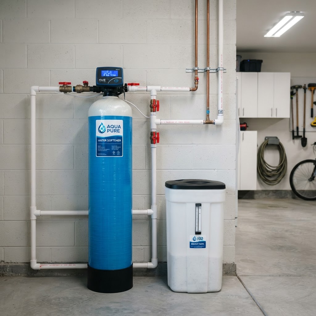 Brookwell water softener with brine tank installed in a residential garage