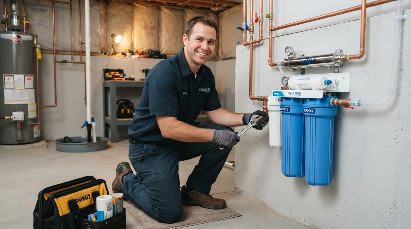 Brookwell technician installing a whole-home water filtration system