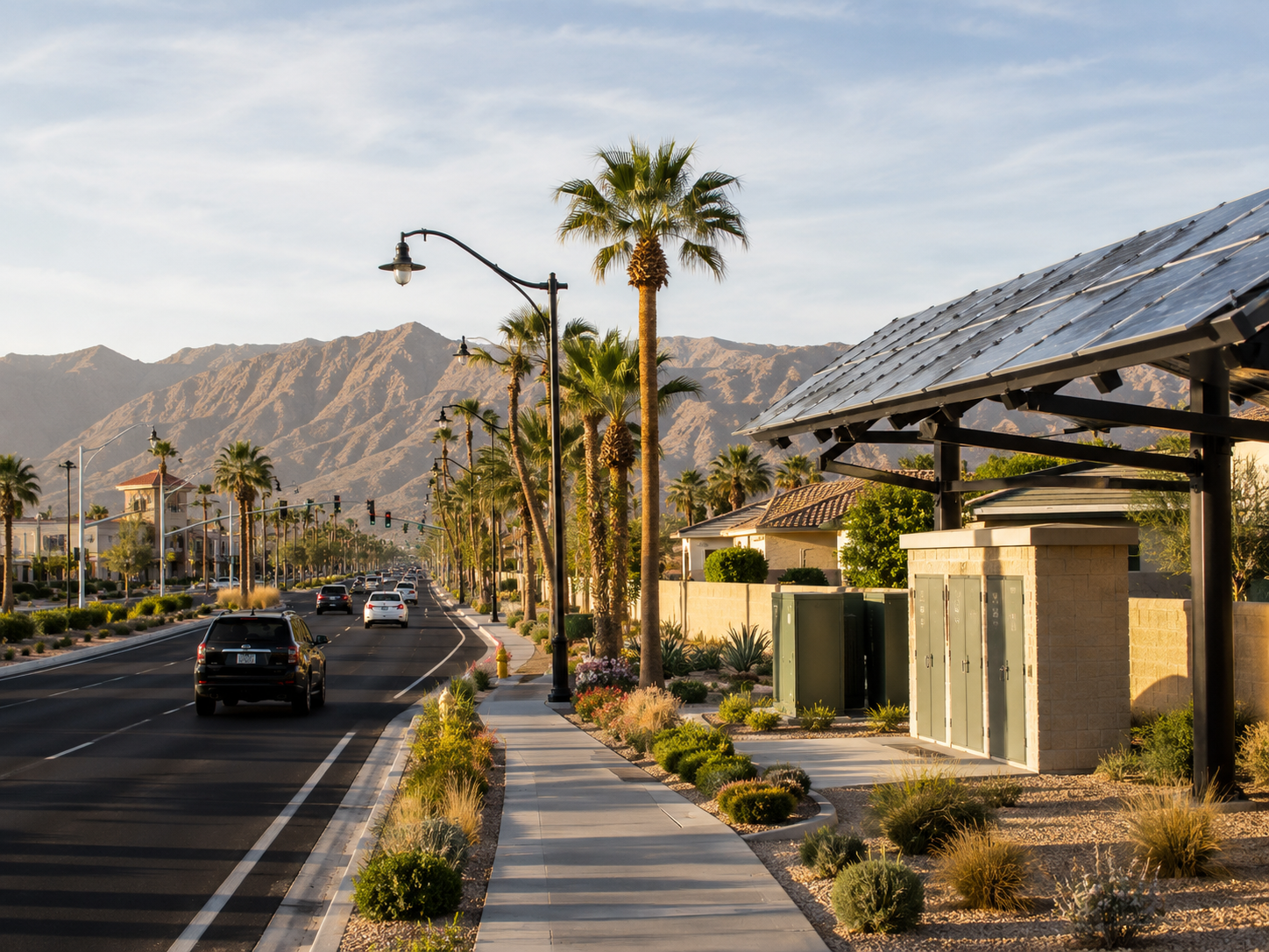Coachella street with solar infrastructure, palm trees, and desert mountains
