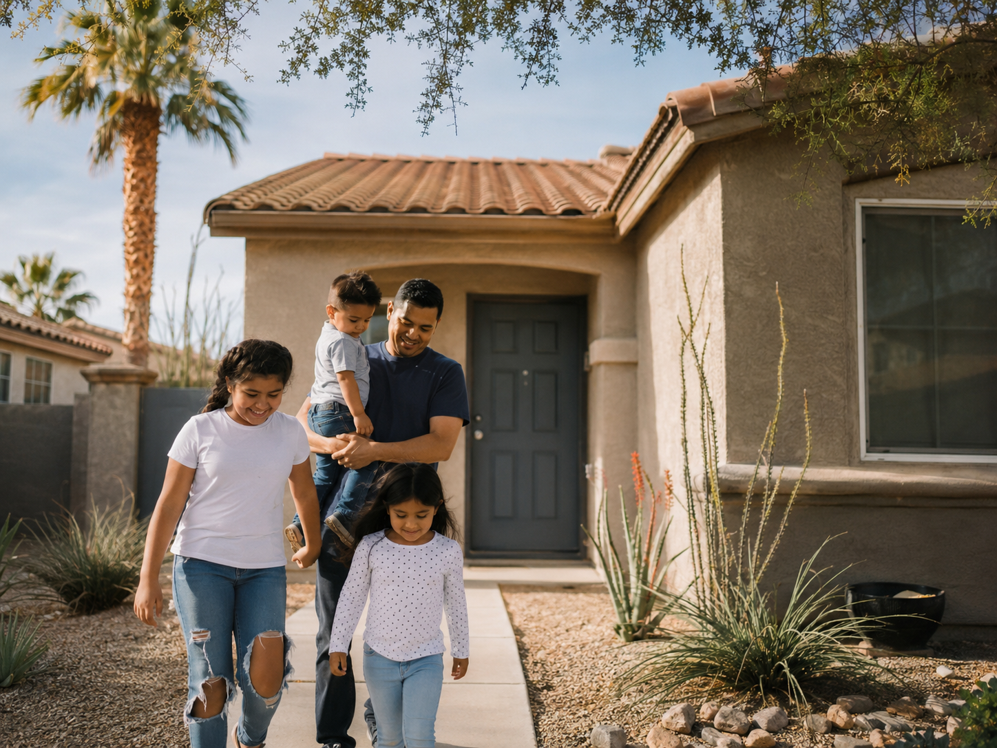 Coachella family walking together in front of their home