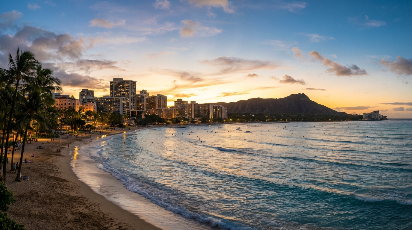 Waikiki Beach, Honolulu at sunset
