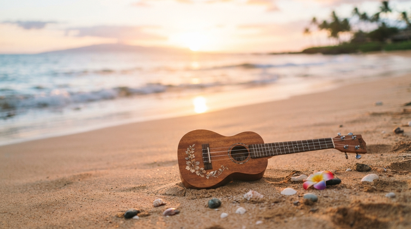 Ukulele on Hawaiian beach at golden hour