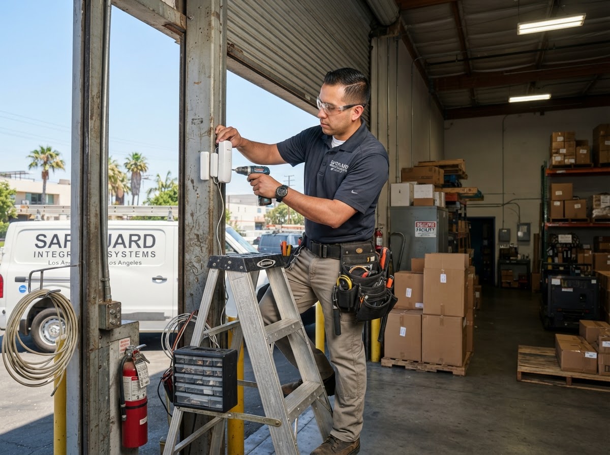 Security technician installing alarm sensor on commercial warehouse door