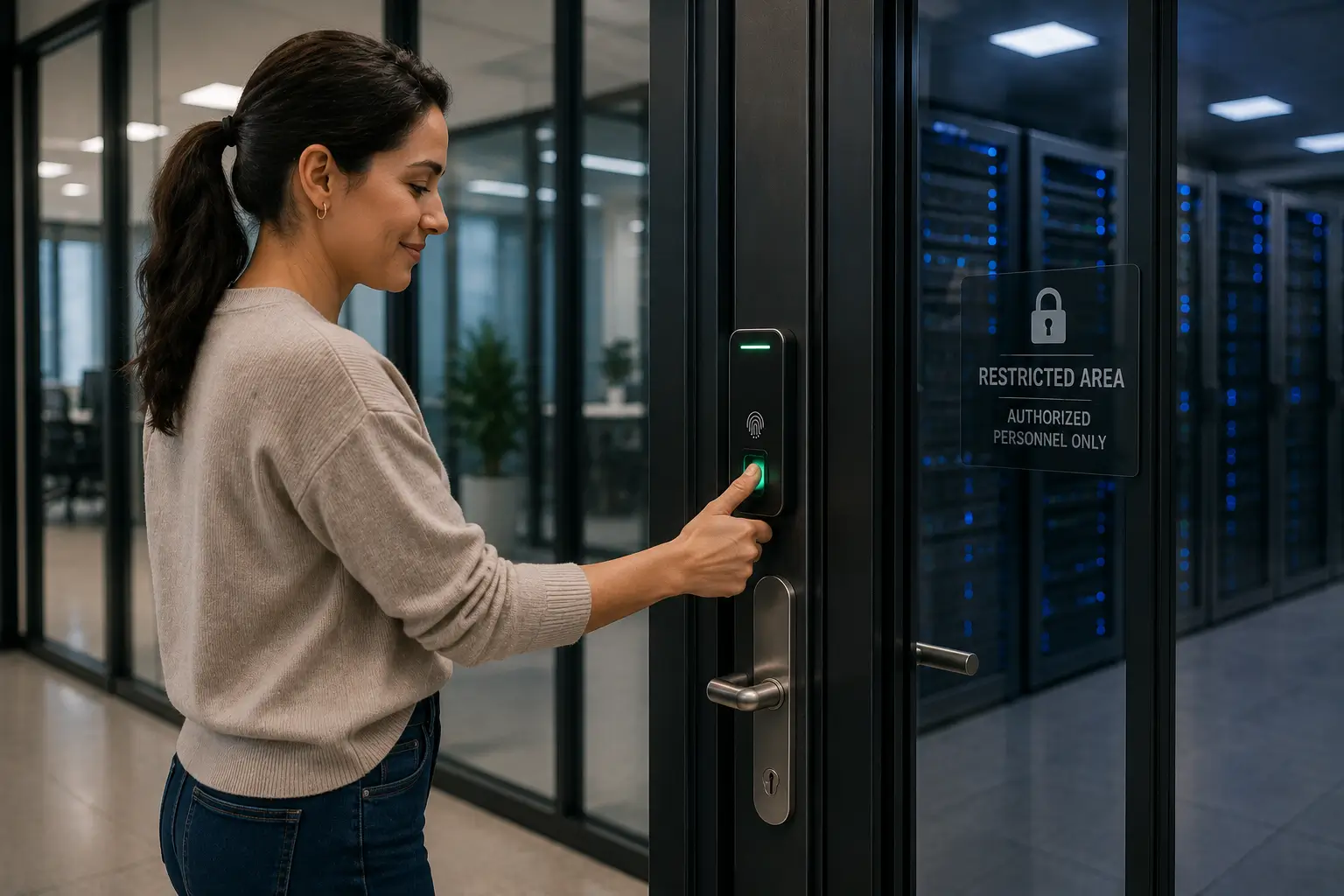 Commercial biometric fingerprint scanner mounted on wall next to secure server room door