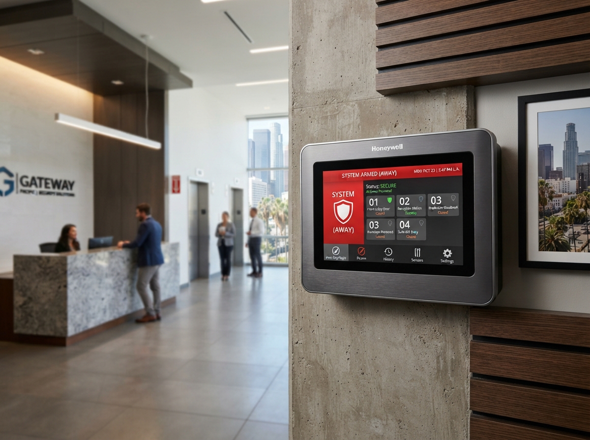 Commercial alarm control panel with touchscreen interface showing system status