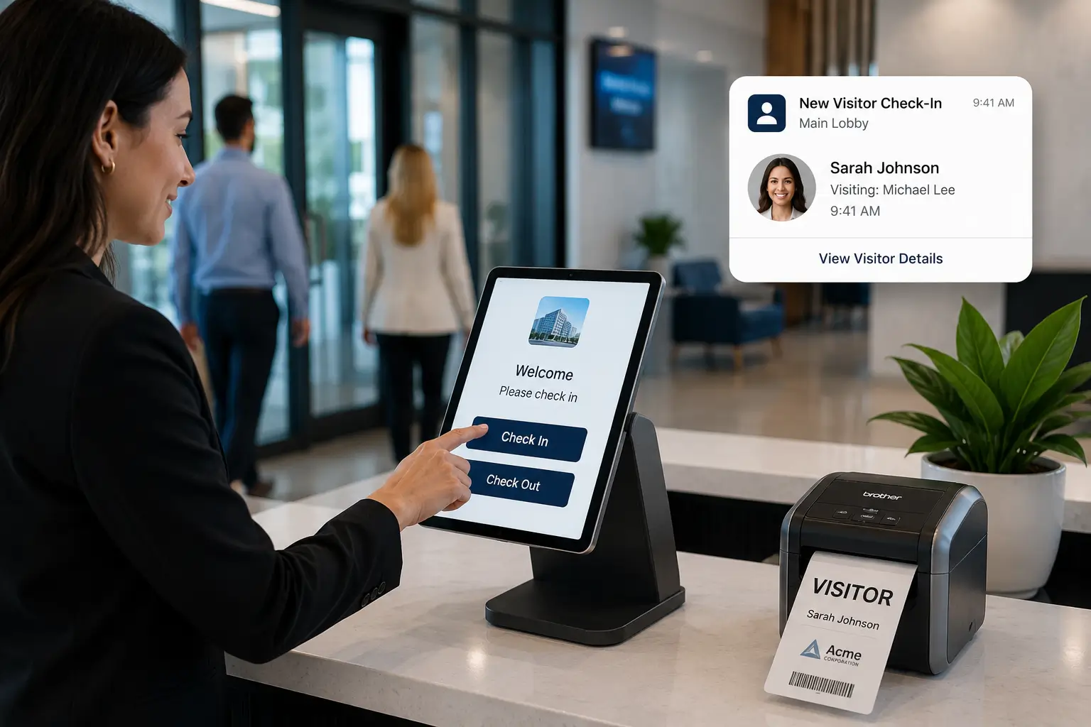 Visitor management tablet kiosk in a modern corporate lobby