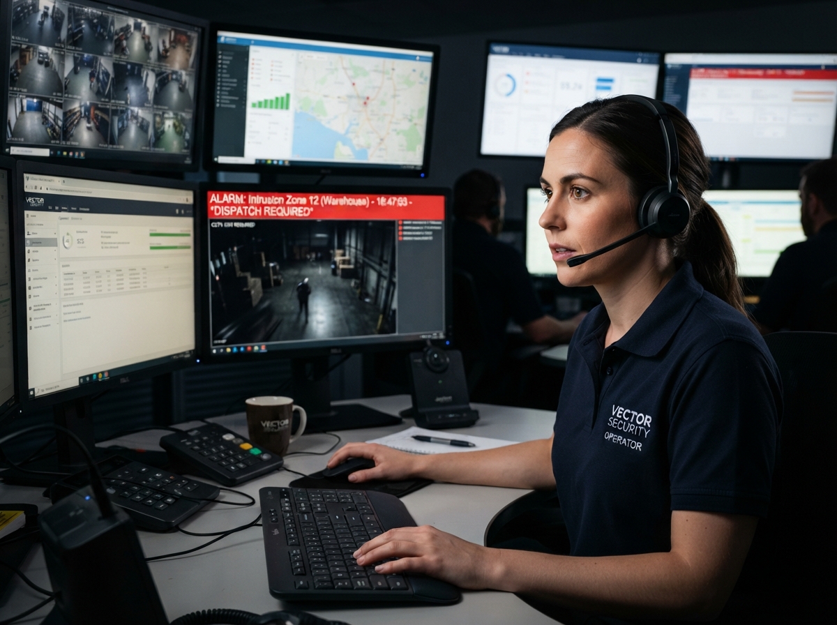 Monitoring operator processing alarm signal at central station desk