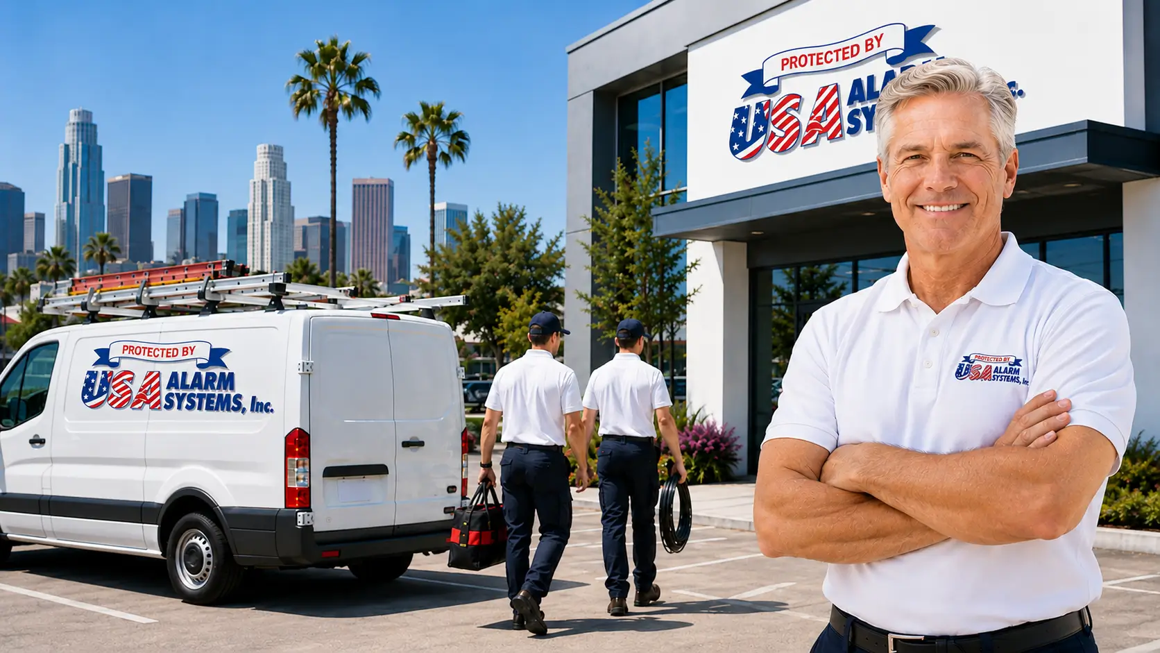 USA Alarm Systems technician holding tablet with holographic icons for Fire Alarm, Video Surveillance, Building Systems, and 24/7 Monitoring in modern commercial lobby