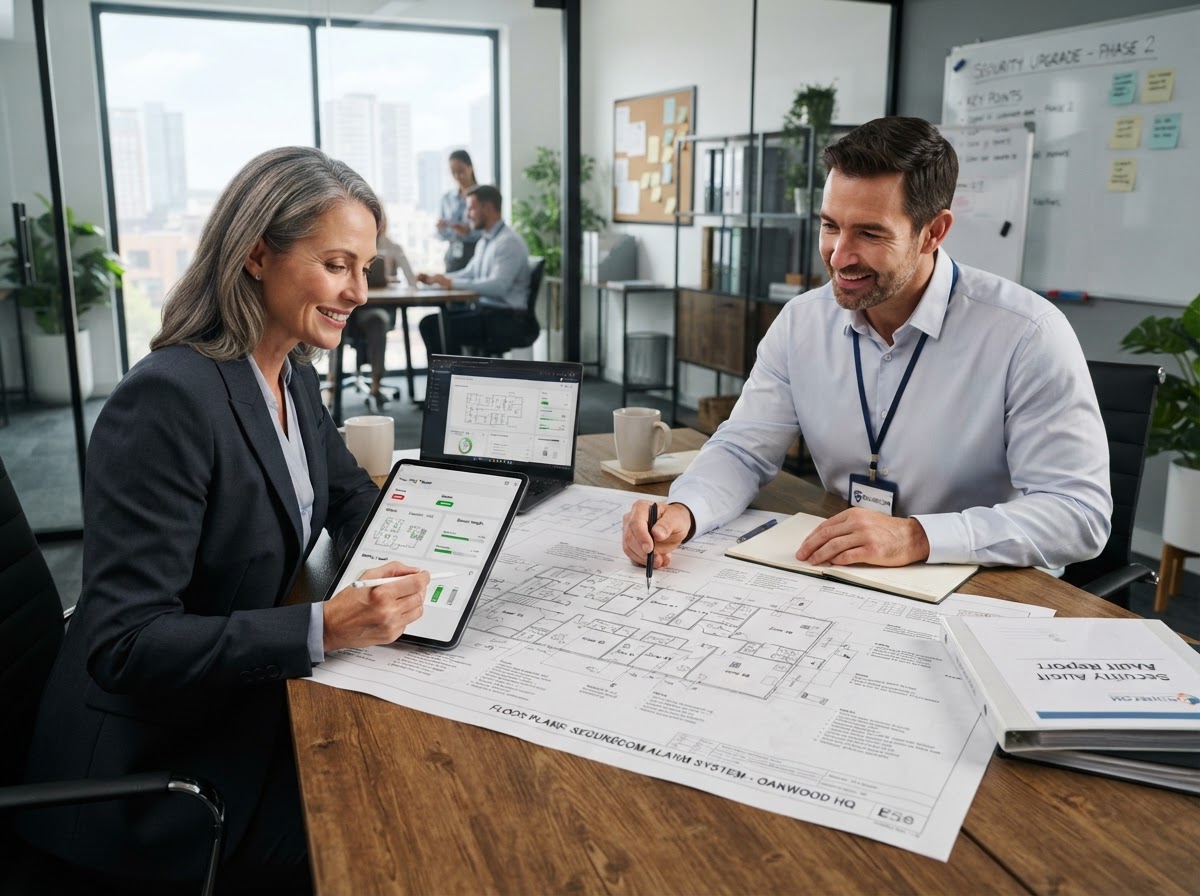 Business consultation reviewing alarm system plans and monitoring requirements