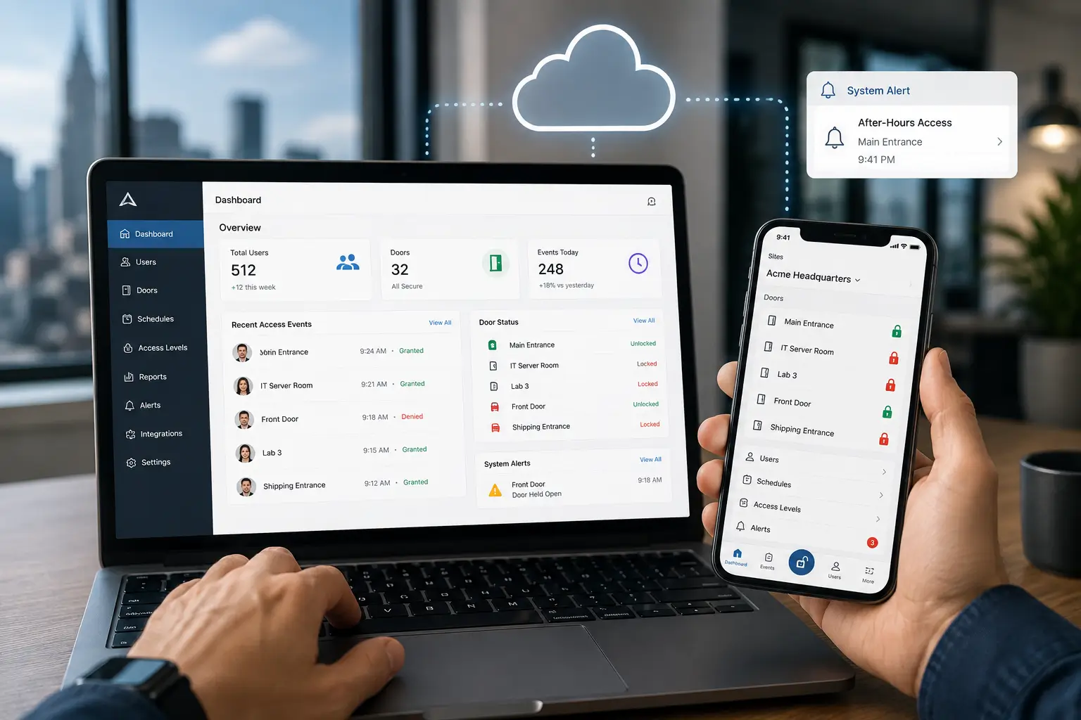 Cloud-based access control management dashboard on desktop monitor showing door status and user logs