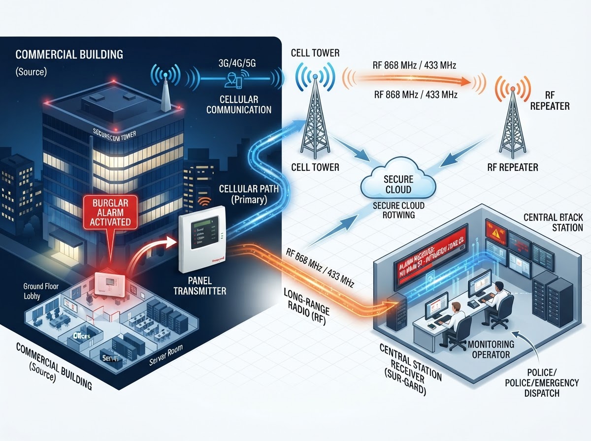 Cellular alarm signal transmission from commercial building to monitoring center