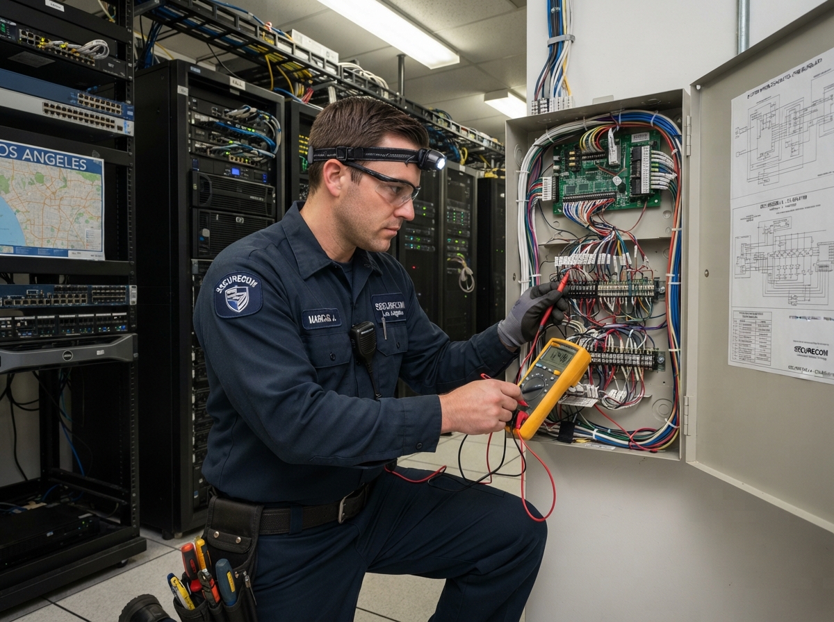 USA Alarm Systems technician servicing a commercial alarm panel in a server room