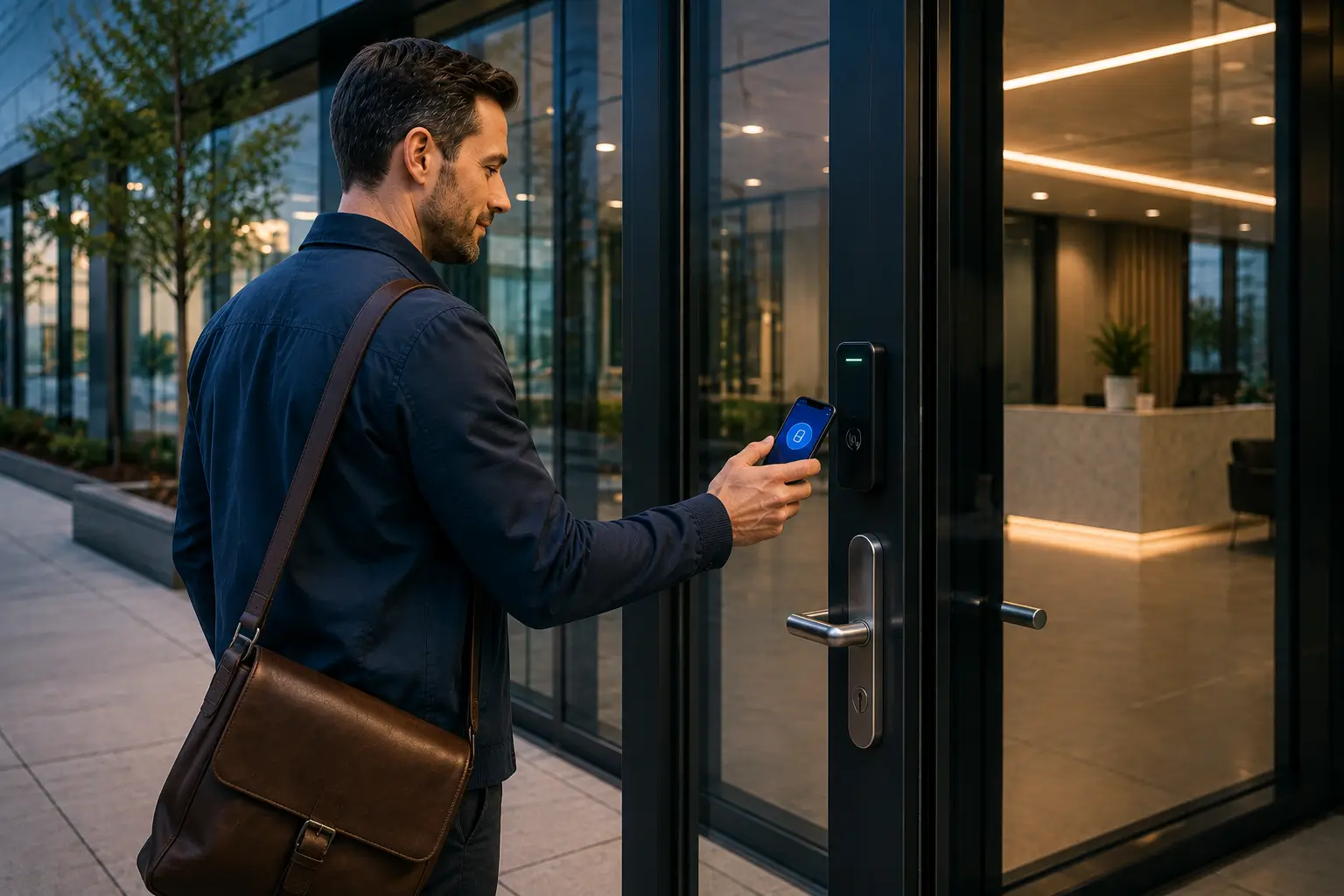 Smartphone displaying mobile credential access control app near a commercial door reader