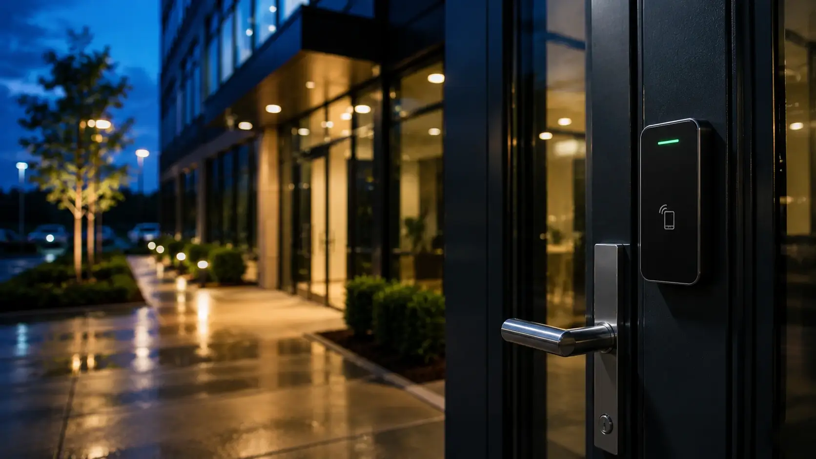 Modern Los Angeles commercial building entrance with professional access control card reader