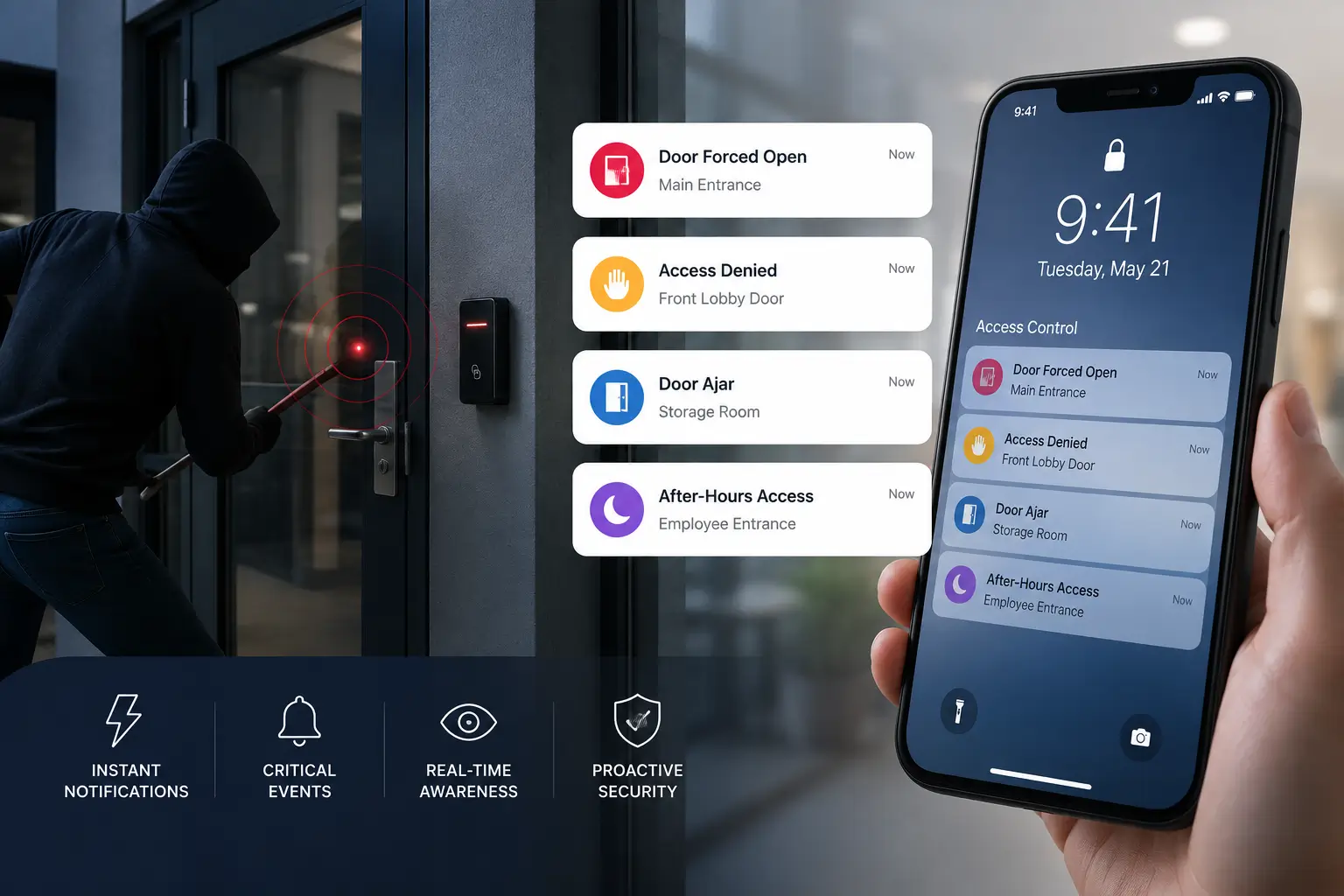 Access control alert notification showing door access event on a mobile device