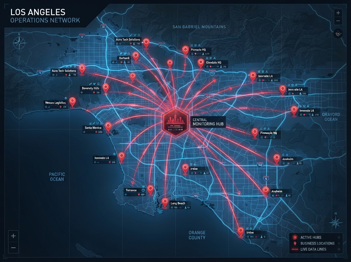 Los Angeles area map showing multiple business locations connected to a central alarm monitoring hub
