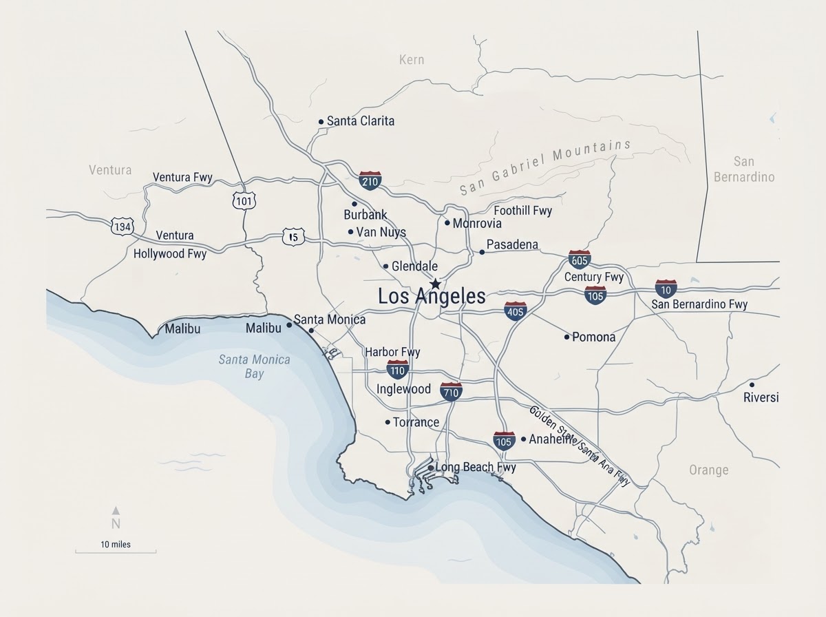 Los Angeles County highway map showing I-5, I-10, I-405, US-101 and major freeways