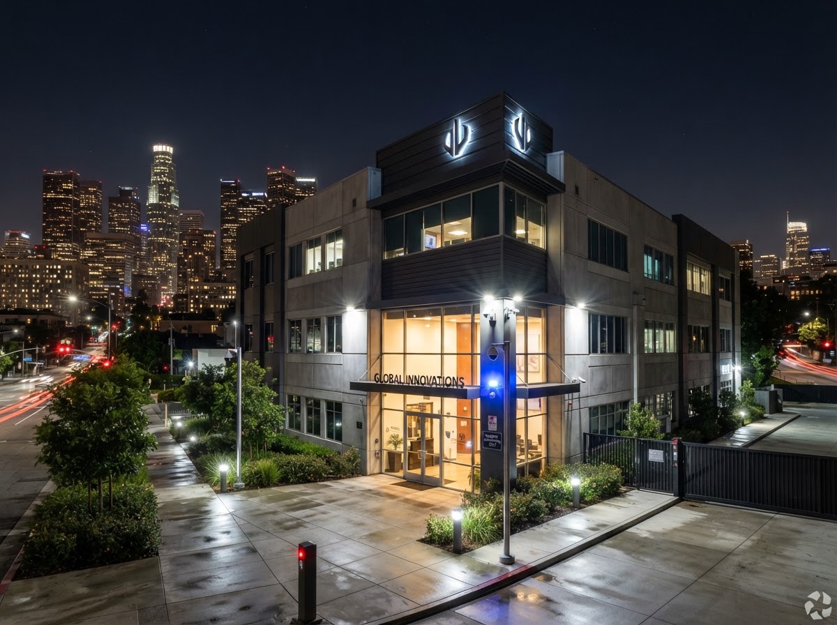 Commercial building at night with security lights and alarm system monitoring