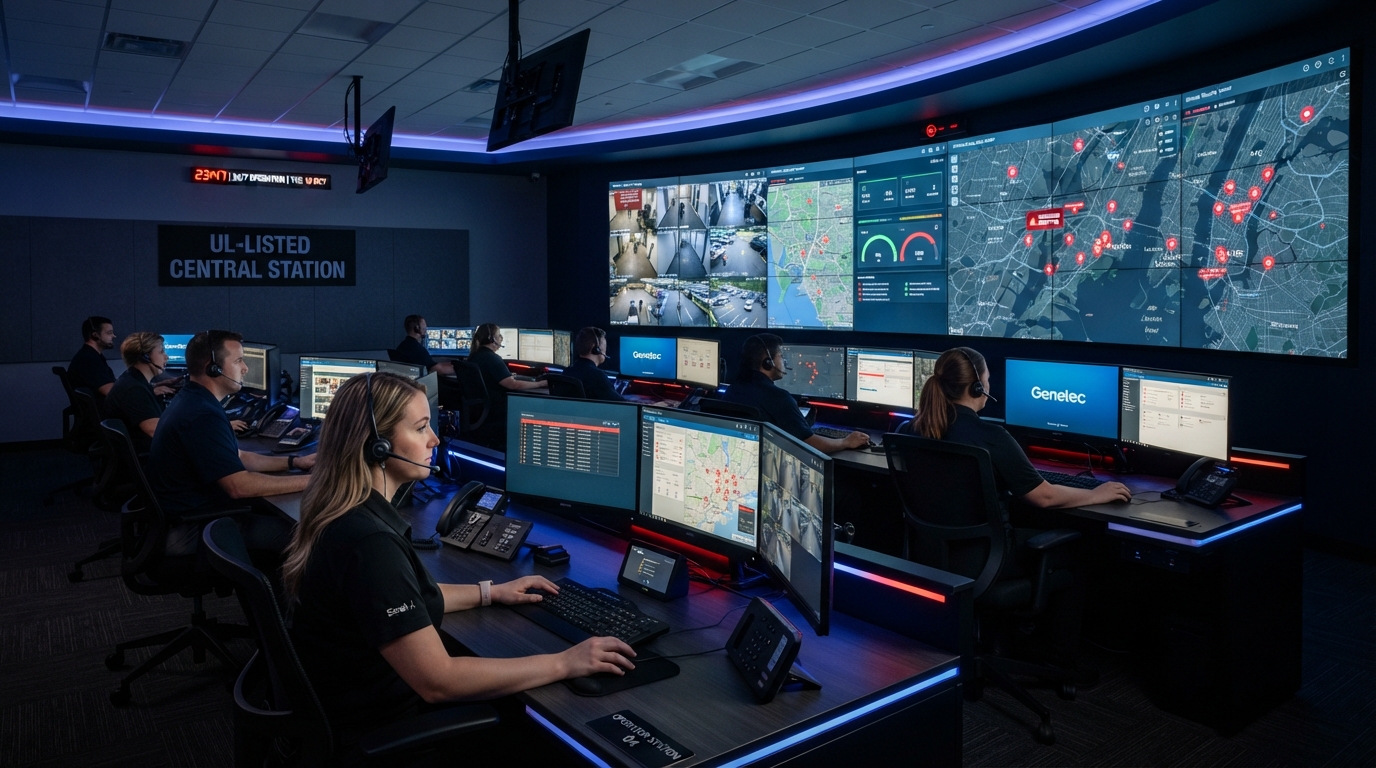 Professional 24/7 UL-listed central station alarm monitoring room with operators at desks