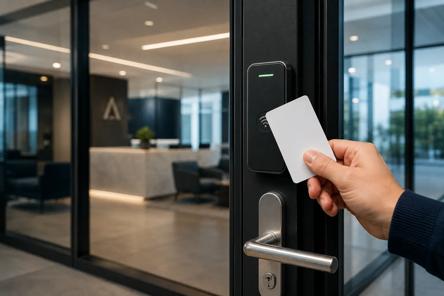 Commercial access control card reader mounted on wall next to glass office door