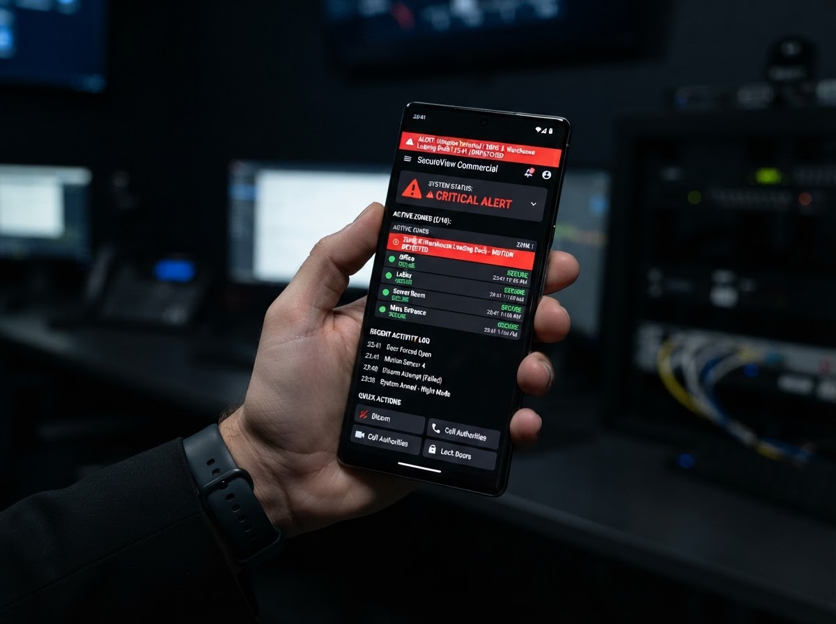 Smartphone showing commercial alarm monitoring app with real-time alert notifications