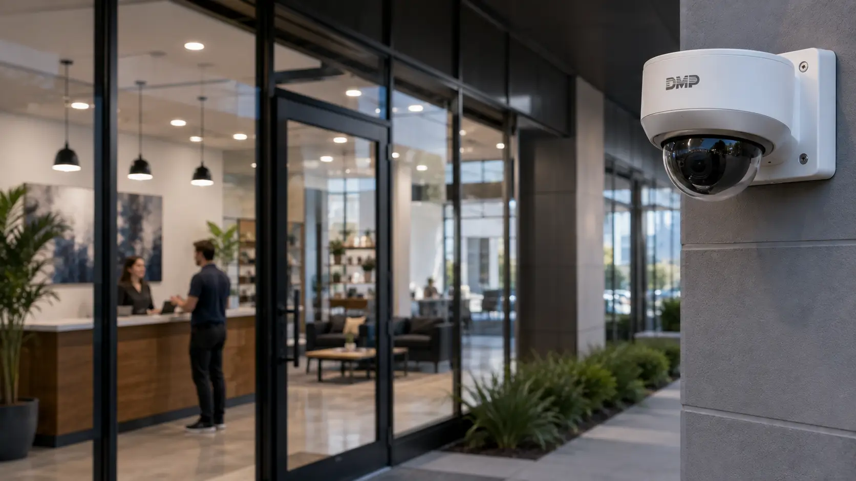 White dome security camera mounted on exterior of modern commercial building with glass lobby entrance