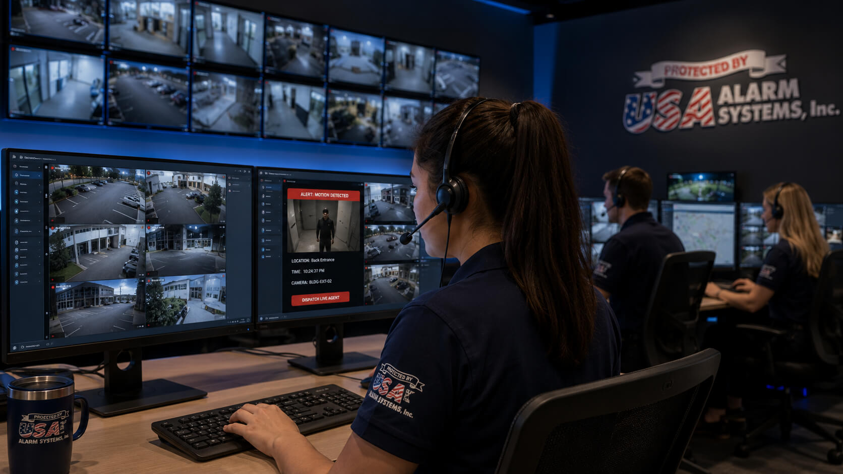 Security monitoring command center with trained operators monitoring live video feeds